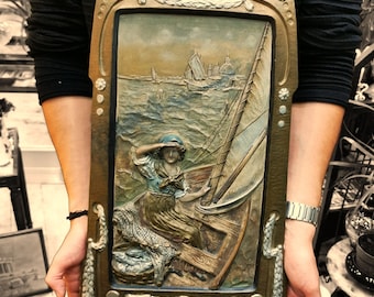 Art Nouveau Wall Art Plaque Ceramic Panel · Johann Maresch c.1910 Young Girl Sailing, Relief Antique Pottery Decor August Otto Artist Signed