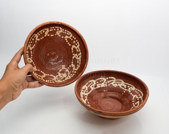 Vintage Greek Pottery Bowl (Gavatha), Set of two Redware ceramic Dishes - glazed surface, Greek Island Home Decor, 1950s Potters of Greece