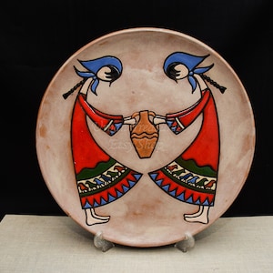 Wall Plate Pottery Greek Folk Girls • Ceramic Wall Art Enamel Tile Panel • Vintage Girl Dress Traditional Outfit • Mid Century Ceramic Art