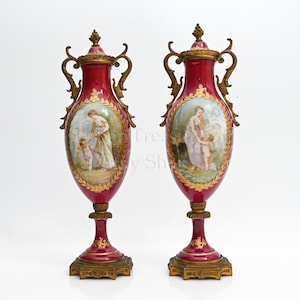 France Sèvres Porcelain Urn Pair, Cupids and Young Girls Painting, Artist Signed GILLES, Gilt Bronze Ormolu Rococo, Antique French Porcelain