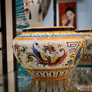 Antique Italian Deruta Majolica Cachepot Planter | Raffaellesca Dragon Ceramic Jardiniere | Grotesque Griffin Medieval Art Pottery Bowl