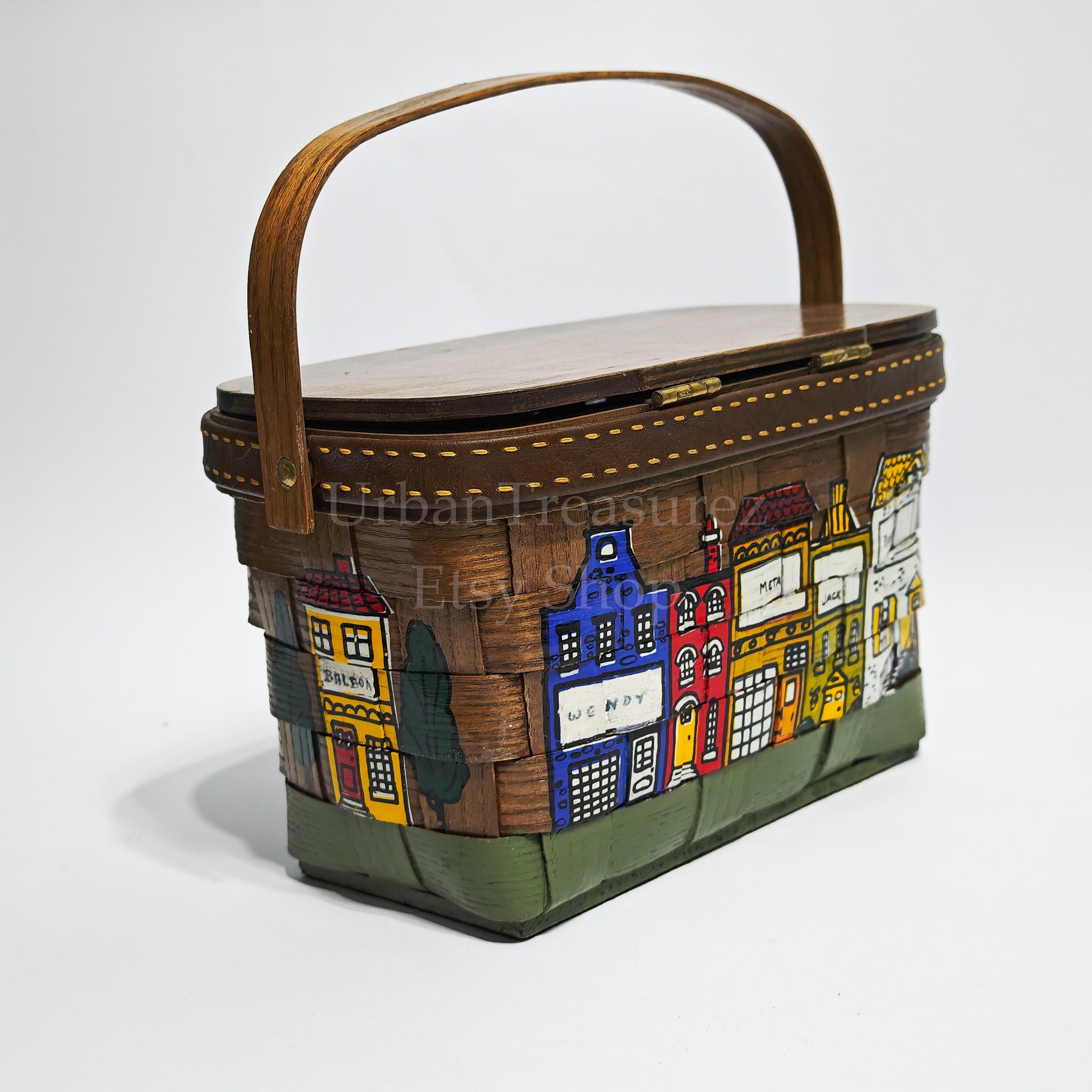 70s Caro Nan Slat Basket Purse • Iconic Vintage Cityscape Hand