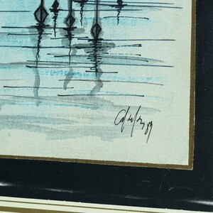 May include: A framed watercolor painting of a blue and white abstract landscape with a black signature in the bottom right corner. The signature reads "C.H. 1989".