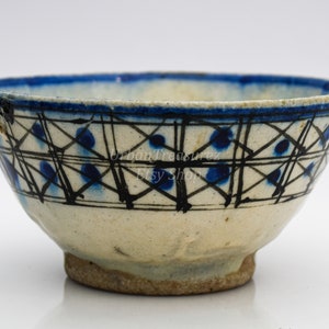 Islamic Persian Pottery 18th c. Bowl Frit Ceramic Pottery Stonepaste Geometric Design Fritware Rare Minimal Blue Cross & Square Painted image 2