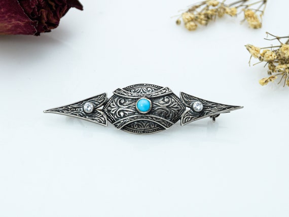 Byzantine Arrow Sterling Silver Brooch, Turquoise… - image 3
