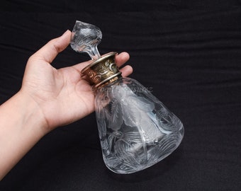 Hawkes Crystal Decanter • Antique 1900s Art Nouveau Etched Brilliant Cut Glass Bottle • Sterling Silver Mount - Flower Iris Pattern Engraved