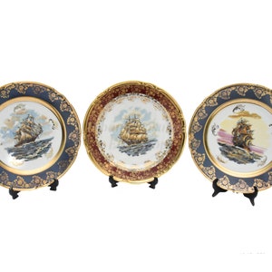 Navy Ships Wall Plate Limoge • Classic Home Wall Hang Decor • Eclectic Set of three dishes • French Gold & Blue Porcelain • ROYALE Mark