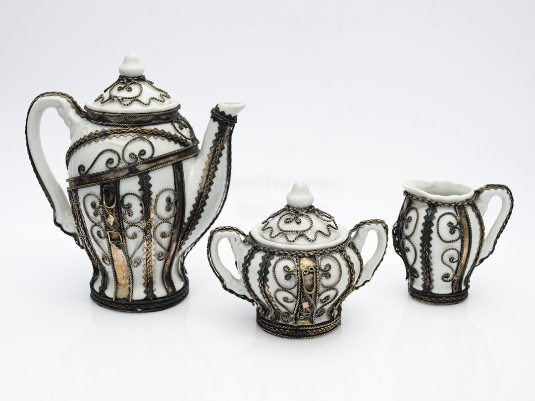 Gothic Tea Set Porcelain Teapot Sugar & Milk Pot Filigree Silver Caged