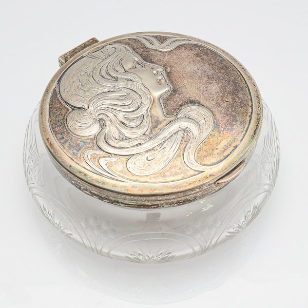 WMF Art Nouveau Glass Box · MAIDEN · Antique c. 1900 Powder Vanity Storage Make Up Box · Silver Plated & Glass Jugendstil Trinket Box