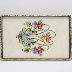 Art Nouveau Serving Tray 1900s Ceramic Stoneware & Metal • Floral Design Art • Objet De Vertu Pottery - Austrian / German Vanity Desk Tray