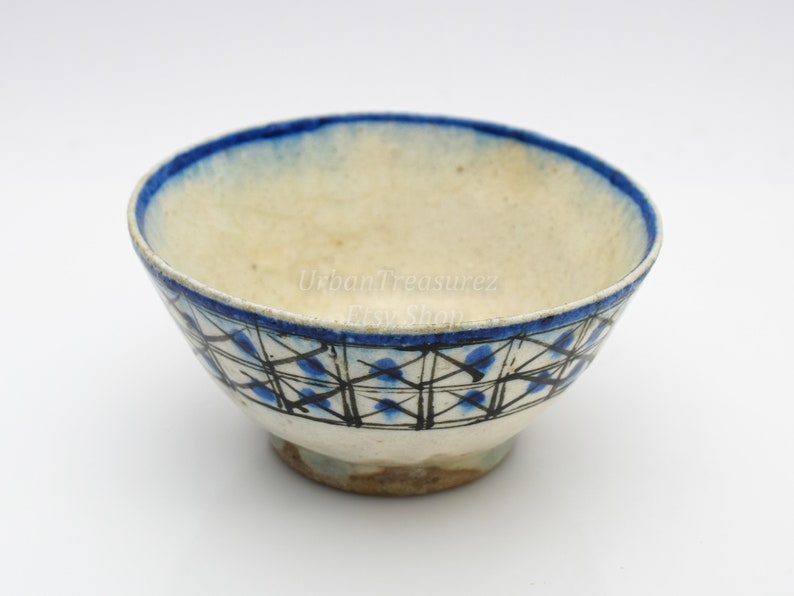 Islamic Persian Pottery 18th c. Bowl Frit Ceramic Pottery Stonepaste Geometric Design Fritware Rare Minimal Blue Cross & Square Painted image 3