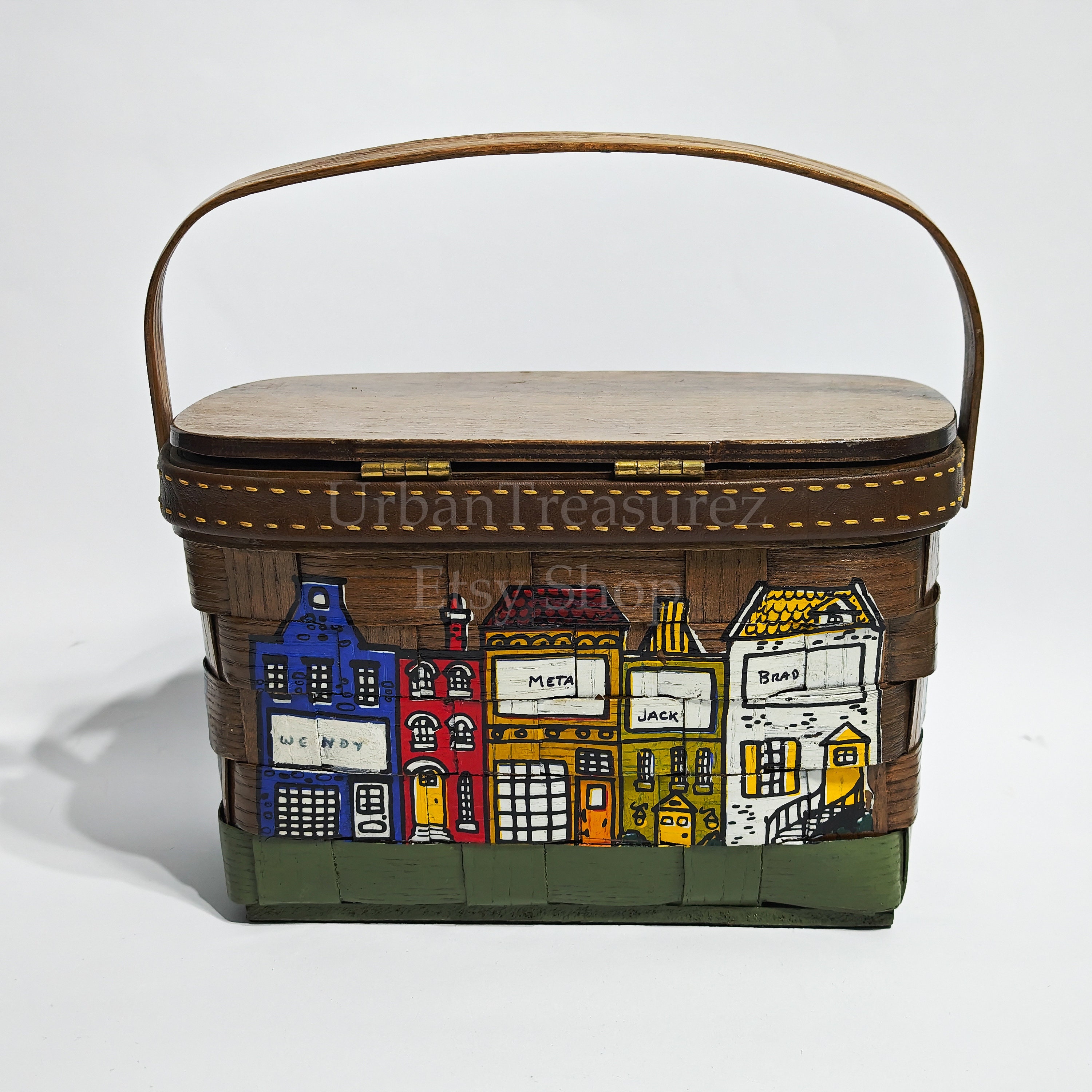 70s Caro Nan Slat Basket Purse • Iconic Vintage Cityscape Hand