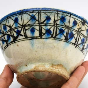 Islamic Persian Pottery 18th c. Bowl Frit Ceramic Pottery Stonepaste Geometric Design Fritware Rare Minimal Blue Cross & Square Painted image 6