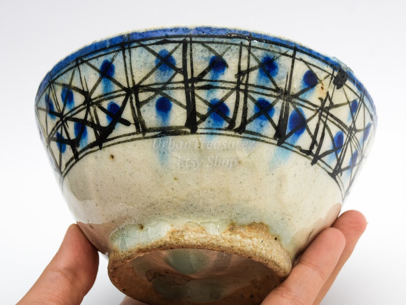 Islamic Persian Pottery 18th c. Bowl Frit Ceramic Pottery Stonepaste Geometric Design Fritware Rare Minimal Blue Cross & Square Painted image 6