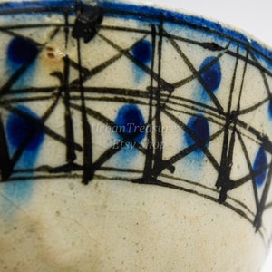 Islamic Persian Pottery 18th c. Bowl Frit Ceramic Pottery Stonepaste Geometric Design Fritware Rare Minimal Blue Cross & Square Painted image 7
