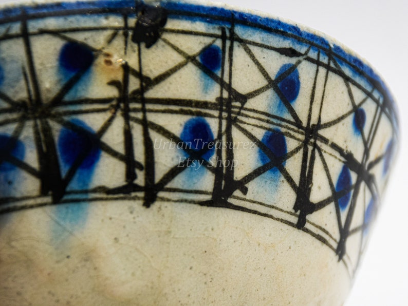 Islamic Persian Pottery 18th c. Bowl Frit Ceramic Pottery Stonepaste Geometric Design Fritware Rare Minimal Blue Cross & Square Painted image 7