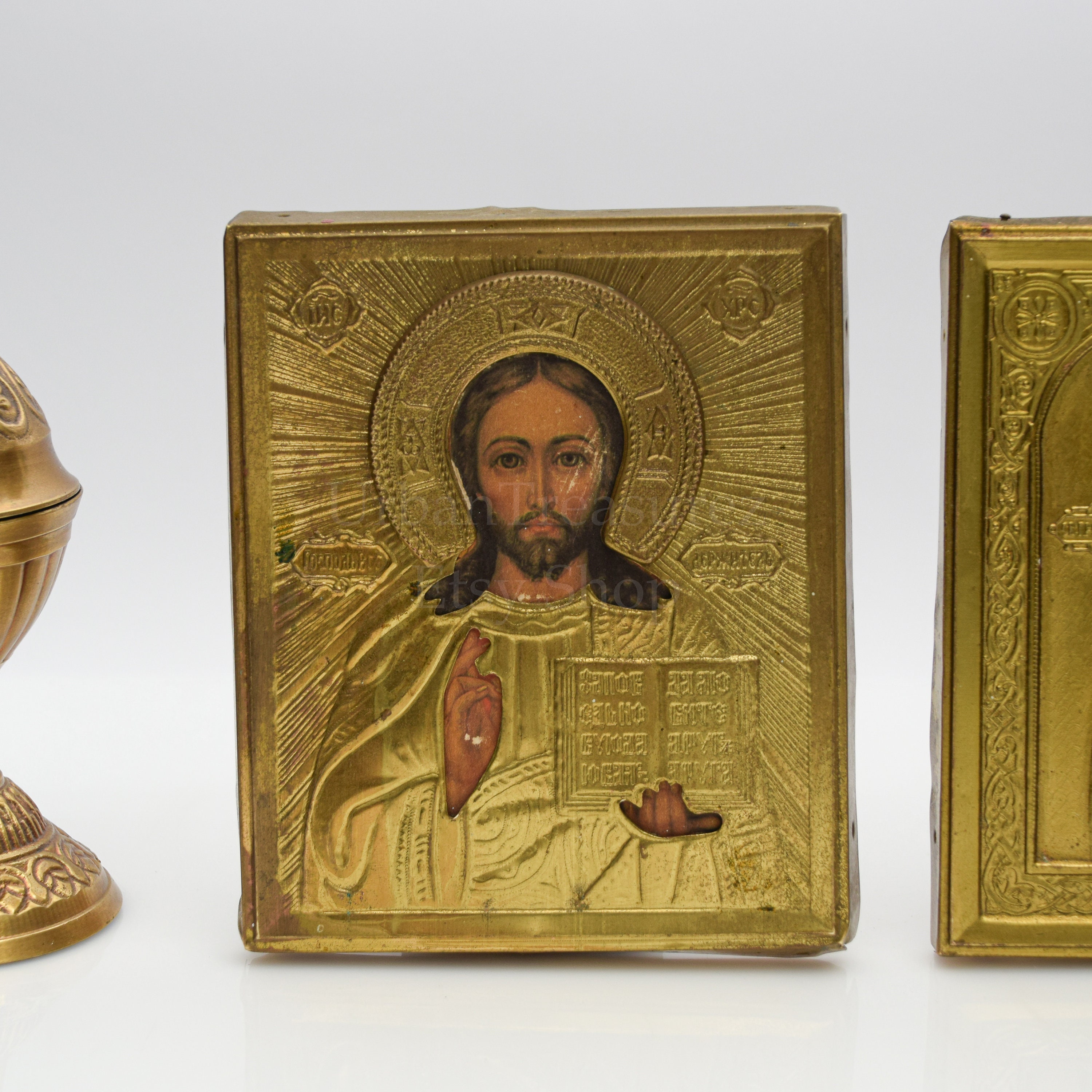 Eastern Orthodox Altar Icon Set, Vintage Gold Plated Brass Icons, Jesus ...