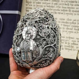 Greek Orthodox Icon Virgin Mary & Jesus Statue • Christian Gifts, 995 Silver Egg Faberge • Jesee TREE OF LIFE Icon - Religious Art Decor