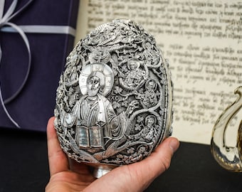 Greek Orthodox Icon Virgin Mary & Jesus Statue • Christian Gifts, 995 Silver Egg Faberge • Jesee TREE OF LIFE Icon - Religious Art Decor