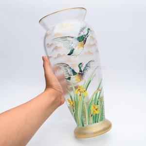 Mont Joye Vase • Legras Antique Art French Glass Vase with Lake Ducks Enamel Painting • Centerpiece Victorian Vase • 14&quot; Mantel Posy Vase
