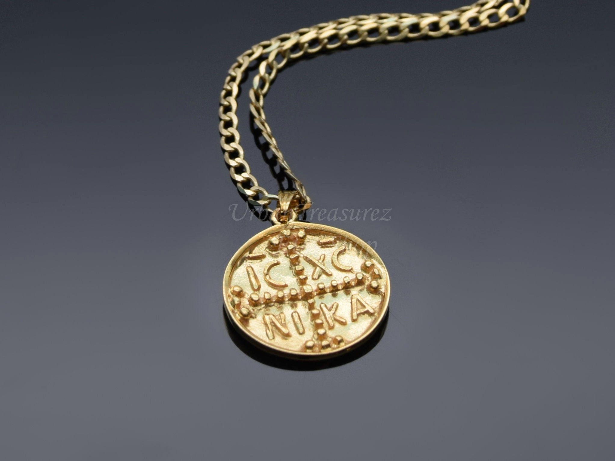 14k Gold Coin Cross Necklace With Chain, ICXC NIKA