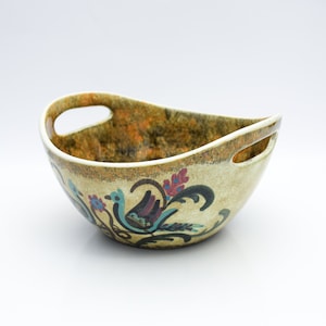 Bol panier en céramique grecque, poterie vintage par KERAMEIKOS Athènes des années 1970, élément décoratif pour la maison peint à la main oiseau, Art déco en céramique