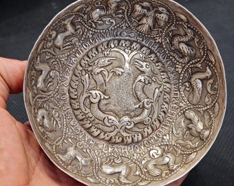 Antique Greek Tassel 1763 Repousse Bowl  • Byzantine BENAKI Museum Replica, Silver Plated Metal • Good over evil in the Garden of Eden •