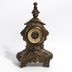 Mantel Clock Cherub Sitting Rooftop, Vintage Wind Up Timepiece, W. Germany Mechanical Clock, Bronze Clock with Ornate Antique Gold Patina