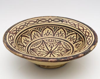 Antique Morocco Dish Bowl Ceramic Deep Plate, Islamic Pattern Geometric Centerpiece Plate • Oriental Interior Design, Vintage Pottery Plate
