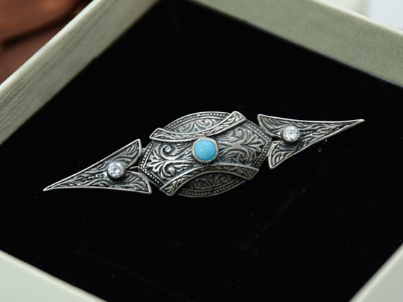 Byzantine Arrow Sterling Silver Brooch, Turquoise… - image 1