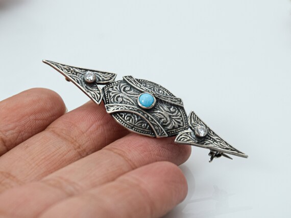 Byzantine Arrow Sterling Silver Brooch, Turquoise… - image 2