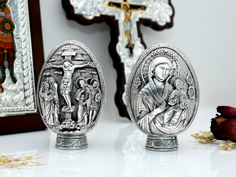 Orthodox Russian Christian Faberge Style Egg Silver Icon, Home Altar Icon Jesus & Virgin Mary Statue, Egg Statue Miniature, Religious Gift