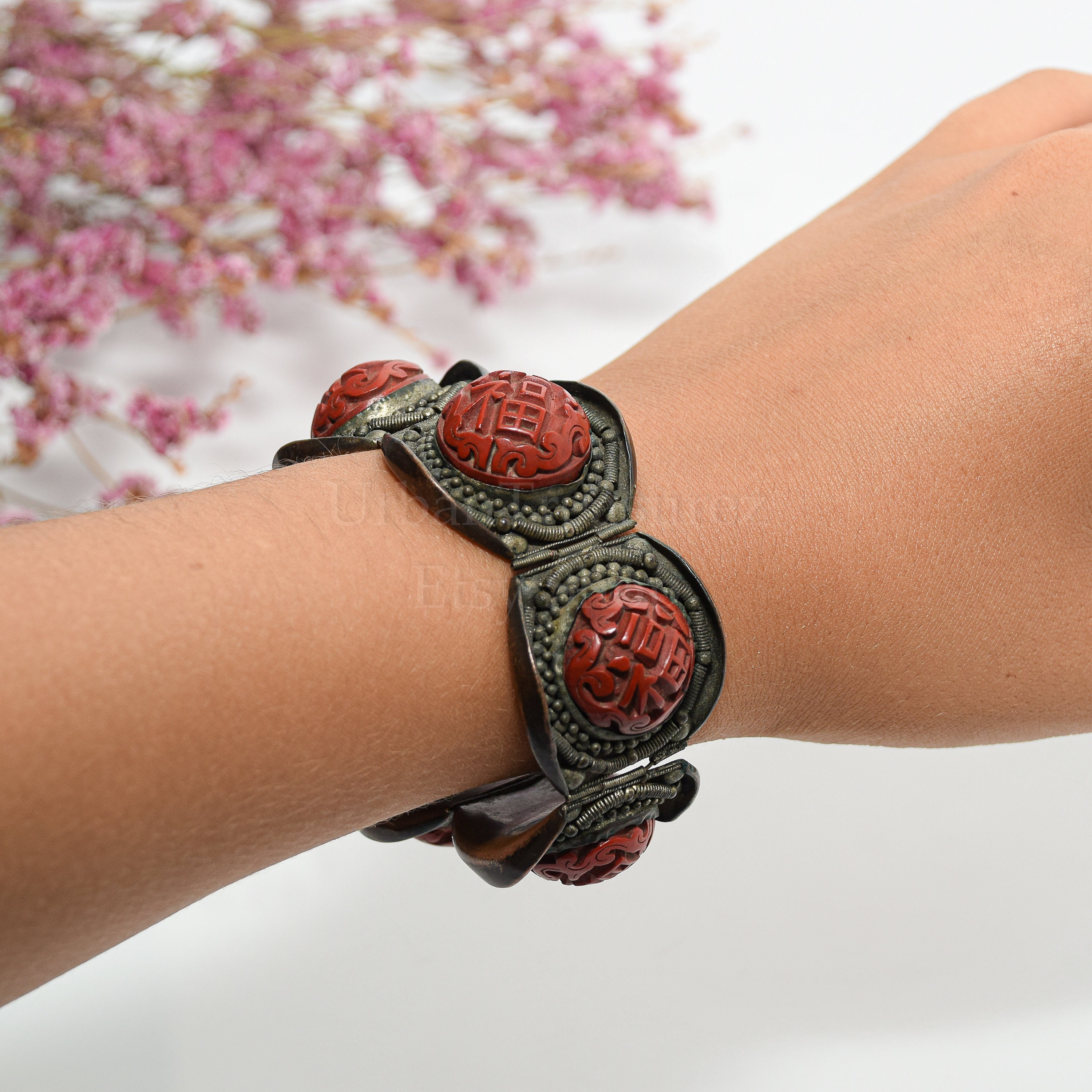 Antique Chinese Bracelet, Cinnabar Carved Panels on Copper Base, Export China Jewelry, Collector 1900s Asian Charm Luck Jewelry with Text