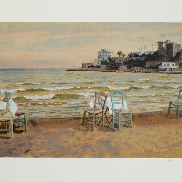 Taverna by The Beach - Kastella • Sérigraphie originale de l'artiste • Peintre GIORGOS MANOUSAKIS • Édition limitée à 190 pièces • Décoration d'intérieur de la mer de Grèce