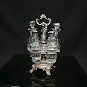 Carousel Cruet / Condiment Set • Antique Silver Plate & Crystal Bottles - Victorian Tableware