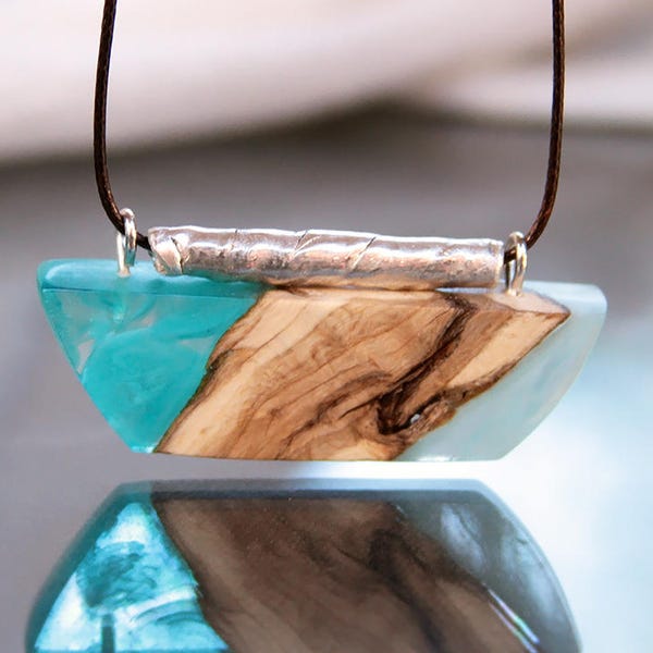Of the Sea--Wood and Resin with Handmade Rustic Pure Silver Bead on Adjustable Length Cord