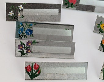 Vintage Glass Mirror Painted Flowered Place Cards