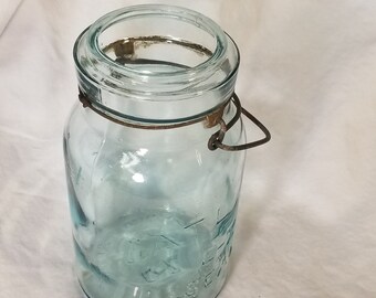 Vintage Atlas E-Z Seal Aqua Blue Quart Mason Jar with Metal Holder
