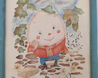 Vintage Humpty Dumpty Original Watercolor by M.A. Lane Framed and Adorned