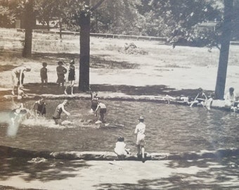 Vintage Photograph Children Playing in Park Pond by Walter L Greene Framed