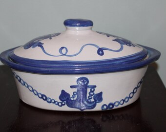 Louisville Stoneware Oval Casserole Roaster Dish Anchor Pattern RARE Piece