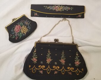 Vintage Petite Point Embroidered Clutch, Coin and Comb Evening Bag Set