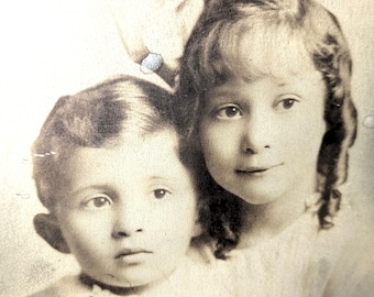 Vintage Sepia Portrait Photo Girl and Boy Framed 15 x 12