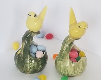 American Pottery Bird Dish Hand Painted Light or Dark Green Your Choice