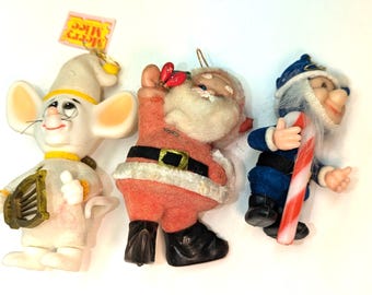 Set of 3 Flocked Christmas Tree Ornaments Mouse Santa Elf