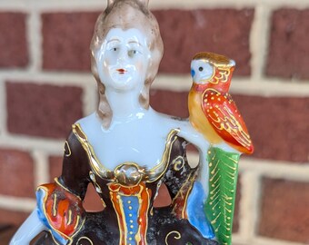 1940s Vintage Satsuma Moriage Wall Hanging Pocket Planter Colonial Parrot Japan