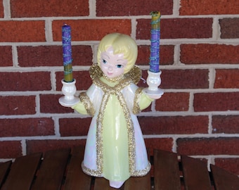 Vintage Large Angel Iridescent Chalkware Candleholder Glitter Hand-Painted Christmas Decor