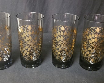 MCM Smoky Drinking Glasses with Gold Design Set of 4