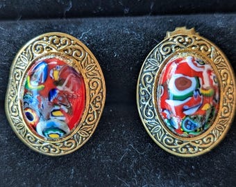 1940s Murano Glass Clip-on Earrings: German Gold Toned Pair