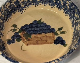 Alpine Pottery Grapes Deep Dish Pie Plate Blue Spongeware 1997 Roseville